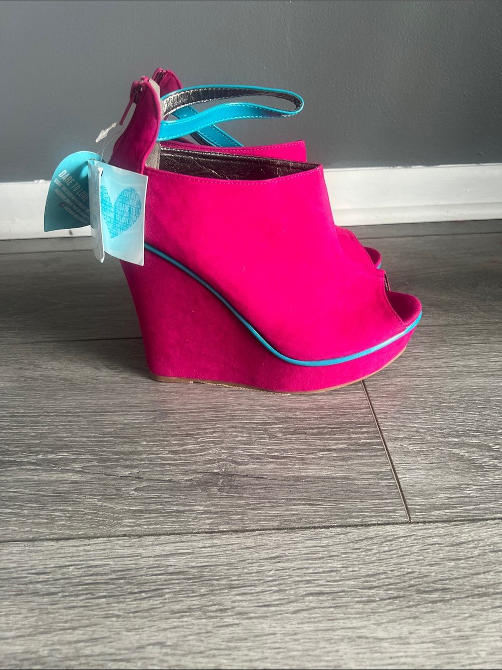 Bright Pink Peep-Toe Wedge Sandals with Turquoise Trim